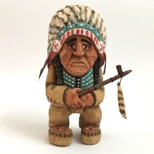 Hand Carved Native American Figurine with Headdress
